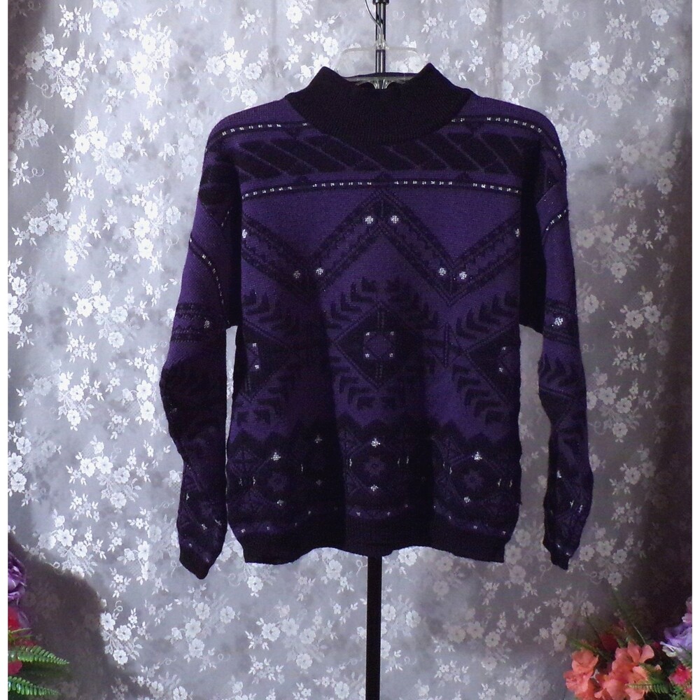 Vintage 80s Sweater Size Medium 1980s Retro Purple Black South Western Ski